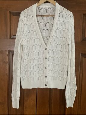 Minnie Rose white Pointelle V-Neck cotton cashmere Cardigan women’s medium